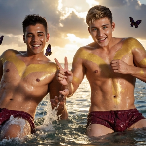 The Beautiful & Handsome Men Art Collection, A high-resolution photograph of two handsome best friends, half submerged in water, covered in body paint. Butterfly's flying about, as they spend time together, with a smile on their faces.
