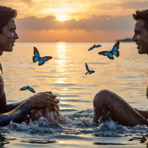 The Beautiful & Handsome Men Art Collection, A high-resolution photograph of two handsome best friends, half submerged in water, covered in body paint. Butterfly's flying about, as they spend time together, with a smile on their faces.