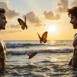 The Beautiful & Handsome Men Art Collection, A high-resolution photograph of two handsome best friends, half submerged in water, covered in body paint. Butterfly's flying about, as they spend time together, with a smile on their faces.