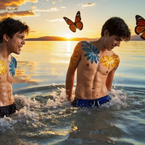 The Beautiful & Handsome Men Art Collection, A high-resolution photograph of two handsome best friends, half submerged in water, covered in body paint. Butterfly's flying about, as they spend time together, with a smile on their faces.