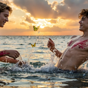 The Beautiful & Handsome Men Art Collection, A high-resolution photograph of two handsome best friends, half submerged in water, covered in body paint. Butterfly's flying about, as they spend time together, with a smile on their faces.