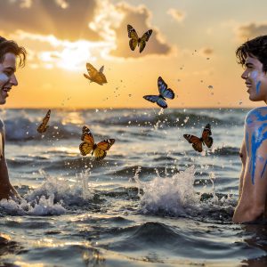 The Beautiful & Handsome Men Art Collection, A high-resolution photograph of two handsome best friends, half submerged in water, covered in body paint. Butterfly's flying about, as they spend time together, with a smile on their faces.