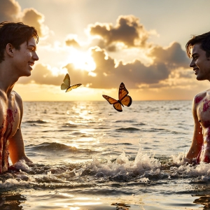 The Beautiful & Handsome Men Art Collection, A high-resolution photograph of two handsome best friends, half submerged in water, covered in body paint. Butterfly's flying about, as they spend time together, with a smile on their faces.
