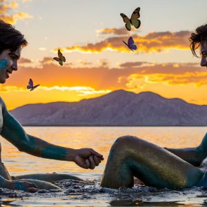 The Beautiful & Handsome Men Art Collection, A high-resolution photograph of two handsome best friends, half submerged in water, covered in body paint. Butterfly's flying about, as they spend time together, with a smile on their faces.