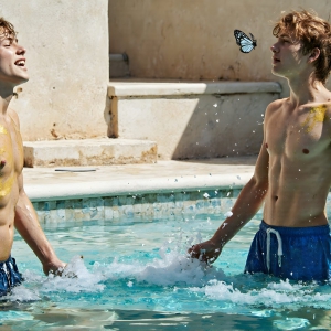 The Beautiful & Handsome Men Art Collection, A high-resolution photograph of two handsome best friends, half submerged in water, covered in body paint. Butterfly's flying about, as they spend time together, with a smile on their faces.