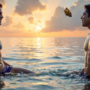 The Beautiful & Handsome Men Art Collection, A high-resolution photograph of two handsome best friends, half submerged in water, covered in body paint. Butterfly's flying about, as they spend time together, with a smile on their faces.