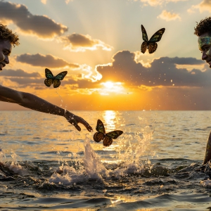 The Beautiful & Handsome Men Art Collection, A high-resolution photograph of two handsome best friends, half submerged in water, covered in body paint. Butterfly's flying about, as they spend time together, with a smile on their faces.
