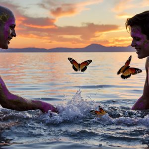 The Beautiful & Handsome Men Art Collection, A high-resolution photograph of two handsome best friends, half submerged in water, covered in body paint. Butterfly's flying about, as they spend time together, with a smile on their faces.