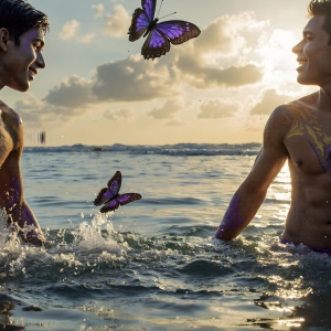 The Beautiful & Handsome Men Art Collection, A high-resolution photograph of two handsome best friends, half submerged in water, covered in body paint. Butterfly's flying about, as they spend time together, with a smile on their faces.