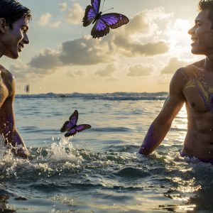 The Beautiful & Handsome Men Art Collection, A high-resolution photograph of two handsome best friends, half submerged in water, covered in body paint. Butterfly's flying about, as they spend time together, with a smile on their faces.