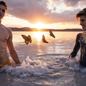 The Beautiful & Handsome Men Art Collection, A high-resolution photograph of two handsome best friends, half submerged in water, covered in body paint. Butterfly's flying about, as they spend time together, with a smile on their faces.