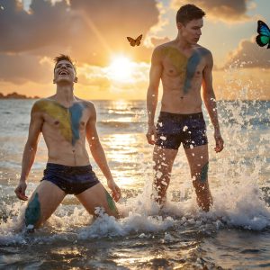 The Beautiful & Handsome Men Art Collection, A high-resolution photograph of two handsome best friends, half submerged in water, covered in body paint. Butterfly's flying about, as they spend time together, with a smile on their faces.