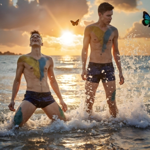 The Beautiful & Handsome Men Art Collection, A high-resolution photograph of two handsome best friends, half submerged in water, covered in body paint. Butterfly's flying about, as they spend time together, with a smile on their faces.