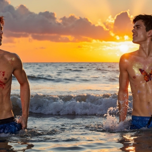 The Beautiful & Handsome Men Art Collection, A high-resolution photograph of two handsome best friends, half submerged in water, covered in body paint. Butterfly's flying about, as they spend time together, with a smile on their faces.