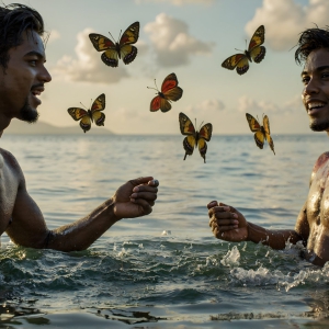 The Beautiful & Handsome Men Art Collection, A high-resolution photograph of two handsome best friends, half submerged in water, covered in body paint. Butterfly's flying about, as they spend time together, with a smile on their faces.