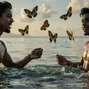 The Beautiful & Handsome Men Art Collection, A high-resolution photograph of two handsome best friends, half submerged in water, covered in body paint. Butterfly's flying about, as they spend time together, with a smile on their faces.