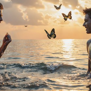 The Beautiful & Handsome Men Art Collection, A high-resolution photograph of two handsome best friends, half submerged in water, covered in body paint. Butterfly's flying about, as they spend time together, with a smile on their faces.
