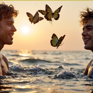 The Beautiful & Handsome Men Art Collection, A high-resolution photograph of two handsome best friends, half submerged in water, covered in body paint. Butterfly's flying about, as they spend time together, with a smile on their faces.