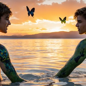 The Beautiful & Handsome Men Art Collection, A high-resolution photograph of two handsome best friends, half submerged in water, covered in body paint. Butterfly's flying about, as they spend time together, with a smile on their faces.