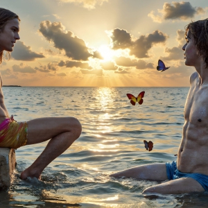 The Beautiful & Handsome Men Art Collection, A high-resolution photograph of two handsome best friends, half submerged in water, covered in body paint. Butterfly's flying about, as they spend time together, with a smile on their faces.
