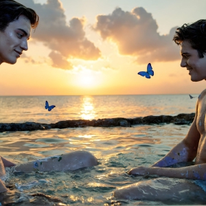 The Beautiful & Handsome Men Art Collection, A high-resolution photograph of two handsome best friends, half submerged in water, covered in body paint. Butterfly's flying about, as they spend time together, with a smile on their faces.