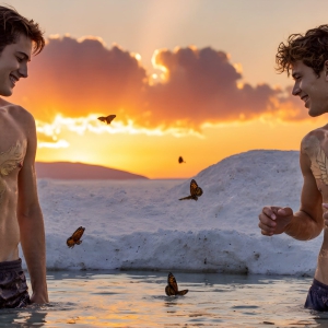 The Beautiful & Handsome Men Art Collection, A high-resolution photograph of two handsome best friends, half submerged in water, covered in body paint. Butterfly's flying about, as they spend time together, with a smile on their faces.