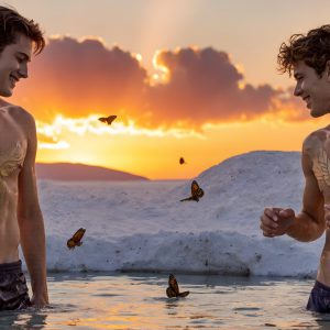 The Beautiful & Handsome Men Art Collection, A high-resolution photograph of two handsome best friends, half submerged in water, covered in body paint. Butterfly's flying about, as they spend time together, with a smile on their faces.