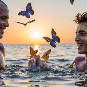 The Beautiful & Handsome Men Art Collection, A high-resolution photograph of two handsome best friends, half submerged in water, covered in body paint. Butterfly's flying about, as they spend time together, with a smile on their faces.