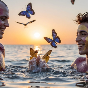 The Beautiful & Handsome Men Art Collection, A high-resolution photograph of two handsome best friends, half submerged in water, covered in body paint. Butterfly's flying about, as they spend time together, with a smile on their faces.