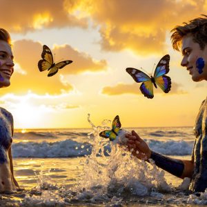 The Beautiful & Handsome Men Art Collection, A high-resolution photograph of two handsome best friends, half submerged in water, covered in body paint. Butterfly's flying about, as they spend time together, with a smile on their faces.