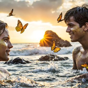 The Beautiful & Handsome Men Art Collection, A high-resolution photograph of two handsome best friends, half submerged in water, covered in body paint. Butterfly's flying about, as they spend time together, with a smile on their faces.