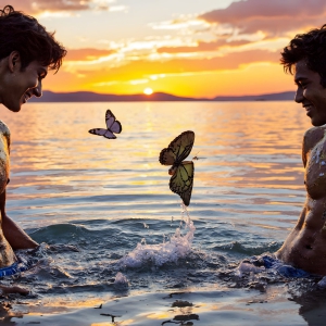 The Beautiful & Handsome Men Art Collection, A high-resolution photograph of two handsome best friends, half submerged in water, covered in body paint. Butterfly's flying about, as they spend time together, with a smile on their faces.