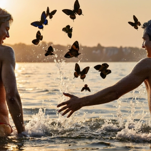 The Beautiful & Handsome Men Art Collection, A high-resolution photograph of two handsome best friends, half submerged in water, covered in body paint. Butterfly's flying about, as they spend time together, with a smile on their faces.