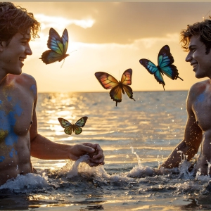 The Beautiful & Handsome Men Art Collection, A high-resolution photograph of two handsome best friends, half submerged in water, covered in body paint. Butterfly's flying about, as they spend time together, with a smile on their faces.