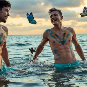 The Beautiful & Handsome Men Art Collection, A high-resolution photograph of two handsome best friends, half submerged in water, covered in body paint. Butterfly's flying about, as they spend time together, with a smile on their faces.
