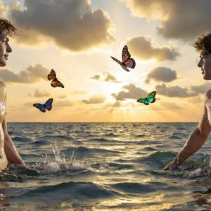 The Beautiful & Handsome Men Art Collection, A high-resolution photograph of two handsome best friends, half submerged in water, covered in body paint. Butterfly's flying about, as they spend time together, with a smile on their faces.