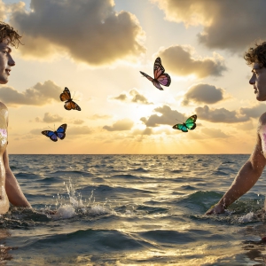The Beautiful & Handsome Men Art Collection, A high-resolution photograph of two handsome best friends, half submerged in water, covered in body paint. Butterfly's flying about, as they spend time together, with a smile on their faces.