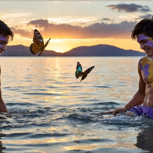 The Beautiful & Handsome Men Art Collection, A high-resolution photograph of two handsome best friends, half submerged in water, covered in body paint. Butterfly's flying about, as they spend time together, with a smile on their faces.
