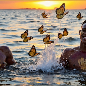 The Beautiful & Handsome Men Art Collection, A high-resolution photograph of two handsome best friends, half submerged in water, covered in body paint. Butterfly's flying about, as they spend time together, with a smile on their faces.