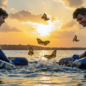 The Beautiful & Handsome Men Art Collection, A high-resolution photograph of two handsome best friends, half submerged in water, covered in body paint. Butterfly's flying about, as they spend time together, with a smile on their faces.
