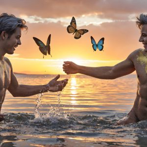 The Beautiful & Handsome Men Art Collection, A high-resolution photograph of two handsome best friends, half submerged in water, covered in body paint. Butterfly's flying about, as they spend time together, with a smile on their faces.