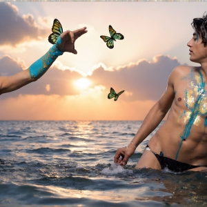 The Beautiful & Handsome Men Art Collection, A high-resolution photograph of two handsome best friends, half submerged in water, covered in body paint. Butterfly's flying about, as they spend time together, with a smile on their faces.