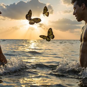 The Beautiful & Handsome Men Art Collection, A high-resolution photograph of two handsome best friends, half submerged in water, covered in body paint. Butterfly's flying about, as they spend time together, with a smile on their faces.