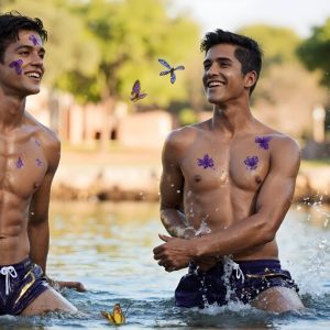 The Beautiful & Handsome Men Art Collection, A high-resolution photograph of two handsome best friends, half submerged in water, covered in body paint. Butterfly's flying about, as they spend time together, with a smile on their faces.