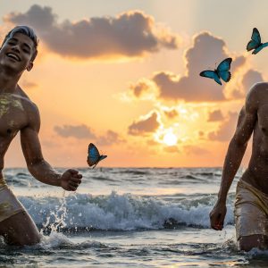 The Beautiful & Handsome Men Art Collection, A high-resolution photograph of two handsome best friends, half submerged in water, covered in body paint. Butterfly's flying about, as they spend time together, with a smile on their faces.