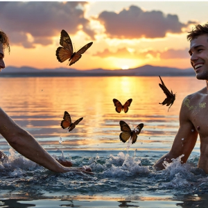 The Beautiful & Handsome Men Art Collection, A high-resolution photograph of two handsome best friends, half submerged in water, covered in body paint. Butterfly's flying about, as they spend time together, with a smile on their faces.