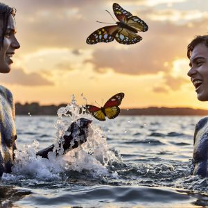 The Beautiful & Handsome Men Art Collection, A high-resolution photograph of two handsome best friends, half submerged in water, covered in body paint. Butterfly's flying about, as they spend time together, with a smile on their faces.