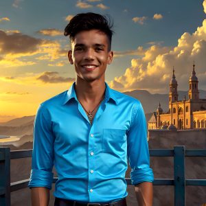 The Beautiful Young Men of the Golden City, is a collection of AI generated images of sexy, glamorous, handsome guys in the heavens. In this fantasy photograph of a young men in their late teens and 20's, overlooking a large golden city in the heavens. Generated to be as realistic as possible, in this this fantasy setting, with todays technology. Wearing jeans, an unbuttoned, vibrant, long-sleeve, button down shirt. The subject is enjoying a beautiful day outdoors. The mystical, galactic landscape, and the vibrant cosmic canopies, every detail, from the texture of the clouds, to the magnificent, majestic gothic architecture of the golden city, is crafted to create an atmosphere of reverence and divine glory. With a breathtaking scene, offering warm golden hour lighting. The heavenly landscape evokes a sense of freedom and tranquility, that is expresses through his facial features and smile, as day turns to night. The heavenly landscape evokes a sense of mysterious black space and light, with a vast galaxy that almost covers the image, the stars and constellations sparkle bright, in dark blue sky.