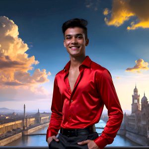 The Beautiful Young Men of the Golden City, is a collection of AI generated images of sexy, glamorous, handsome guys in the heavens. In this fantasy photograph of a young men in their late teens and 20's, overlooking a large golden city in the heavens. Generated to be as realistic as possible, in this this fantasy setting, with todays technology. Wearing jeans, an unbuttoned, vibrant, long-sleeve, button down shirt. The subject is enjoying a beautiful day outdoors. The mystical, galactic landscape, and the vibrant cosmic canopies, every detail, from the texture of the clouds, to the magnificent, majestic gothic architecture of the golden city, is crafted to create an atmosphere of reverence and divine glory. With a breathtaking scene, offering warm golden hour lighting. The heavenly landscape evokes a sense of freedom and tranquility, that is expresses through his facial features and smile, as day turns to night. The heavenly landscape evokes a sense of mysterious black space and light, with a vast galaxy that almost covers the image, the stars and constellations sparkle bright, in dark blue sky.