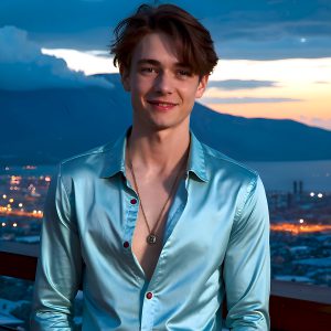 The Beautiful Young Men of the Golden City, is a collection of AI generated images of sexy, glamorous, handsome guys in the heavens. In this fantasy photograph of a young men in their late teens and 20's, overlooking a large golden city in the heavens. Generated to be as realistic as possible, in this this fantasy setting, with todays technology. Wearing jeans, an unbuttoned, vibrant, long-sleeve, button down shirt. The subject is enjoying a beautiful day outdoors. The mystical, galactic landscape, and the vibrant cosmic canopies, every detail, from the texture of the clouds, to the magnificent, majestic gothic architecture of the golden city, is crafted to create an atmosphere of reverence and divine glory. With a breathtaking scene, offering warm golden hour lighting. The heavenly landscape evokes a sense of freedom and tranquility, that is expresses through his facial features and smile, as day turns to night. The heavenly landscape evokes a sense of mysterious black space and light, with a vast galaxy that almost covers the image, the stars and constellations sparkle bright, in dark blue sky.